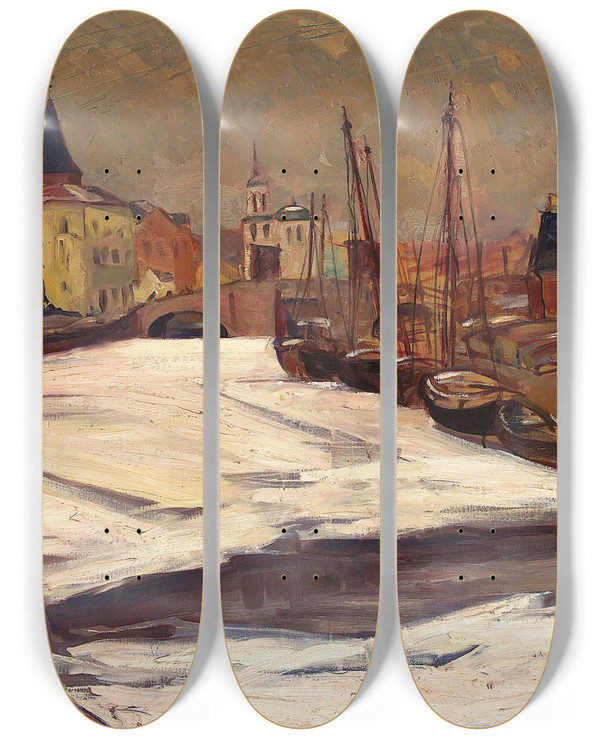 Triptych art skateboard deck of Nikolai Triik Talvine Tartu Emajega by Nikolai Triik (1884-1940)