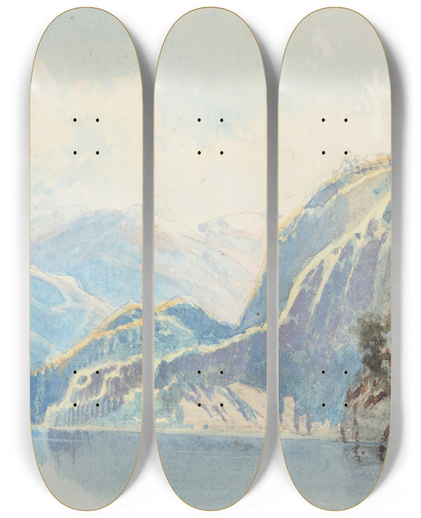 Triptych art skateboard deck of Nicholas Chevalier Lake Wakatipu by Nicholas Chevalier (1828-1902)