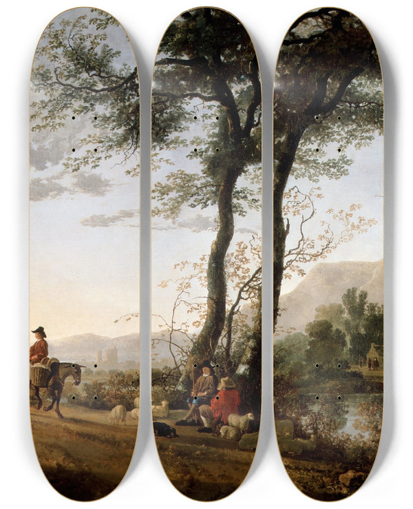 Triptych art skateboard deck of Aelbert Cuyp A Road Near A River by Aelbert Cuyp (1620-1691)