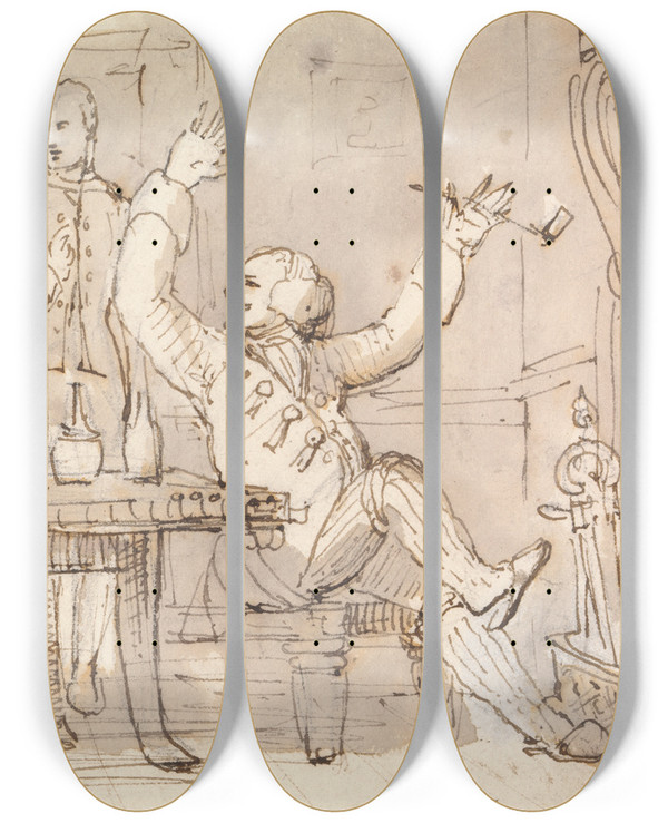 Triptych art skateboard deck of William Henry Pyne An Illustration To Rob Roy Interior With A Party Drinking by William Henry Pyne (1769-1843)