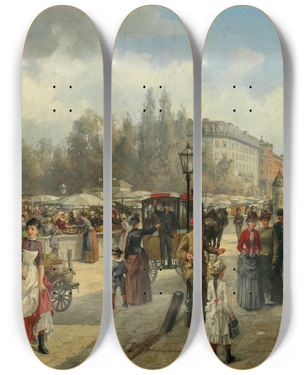 Triptych art skateboard deck of Franz Von Persoglia A View Of Naschmarkt In Vienna_1 by Franz Von Persoglia (1852-1912)