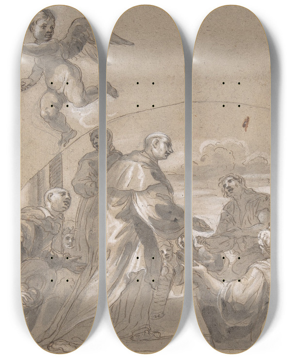 Triptych art skateboard deck of Melchior Steidl Saint Carl Borromus by Melchior Steidl (1657-1727)