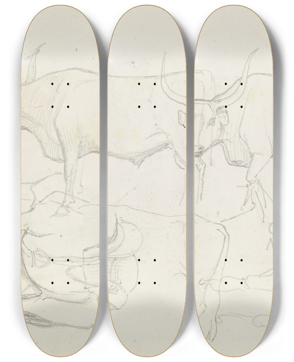 Triptych art skateboard deck of August Lucas Horses And Cattle by August Lucas (1803-1863)