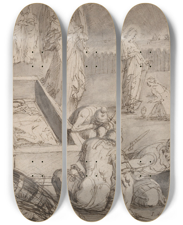 Triptych art skateboard deck of Master Of The Egmont Albums Christs Empty Tomb After The Resurrection With Christ Appearing To Mary Magdalene At Theright by Master Of The Egmont Albums (1580-1590)