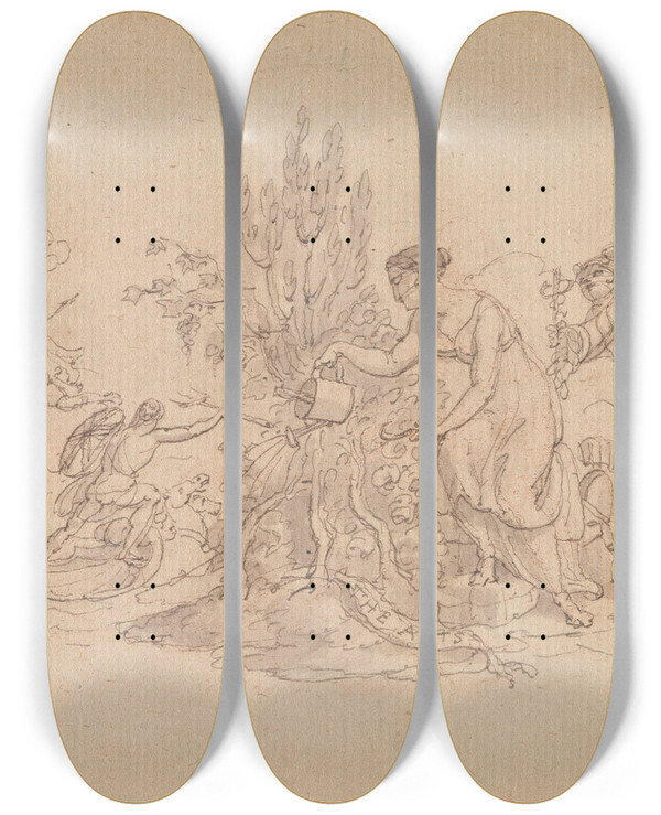 Triptych art skateboard deck of Edward Francis Burney The Arts by Edward Francis Burney (1760-1848)