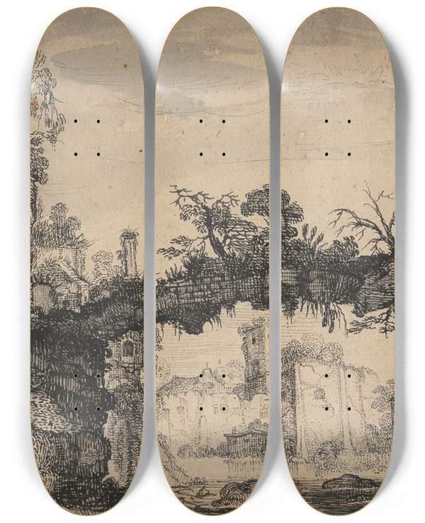 Triptych art skateboard deck of Jan Van De Velde Landscape With Ruins by Jan van de Velde (1593-1641)