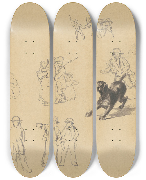 Triptych art skateboard deck of James Goodwyn Clonney Barking Dog And Studies For Militia Training by James Goodwyn Clonney (1812-1867)