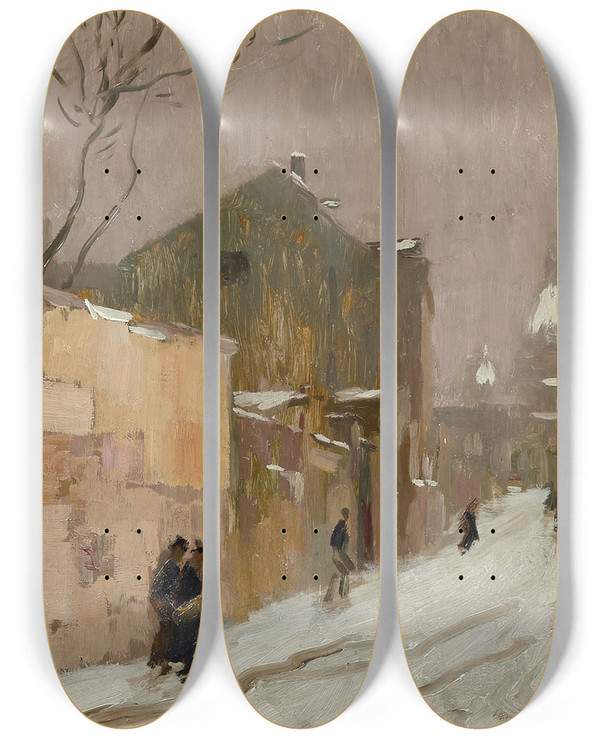 Triptych art skateboard deck of Elie Anatole Pavil Montmatre En Hiver by Elie Anatole Pavil (1873-1948)
