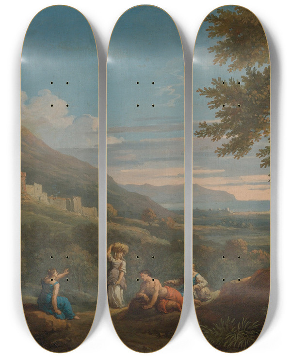 Triptych art skateboard deck of Jan Frans Van Bloemen A Classical Landscape With Peasants In The Foreground by Jan Frans Van Bloemen (1662-1749)