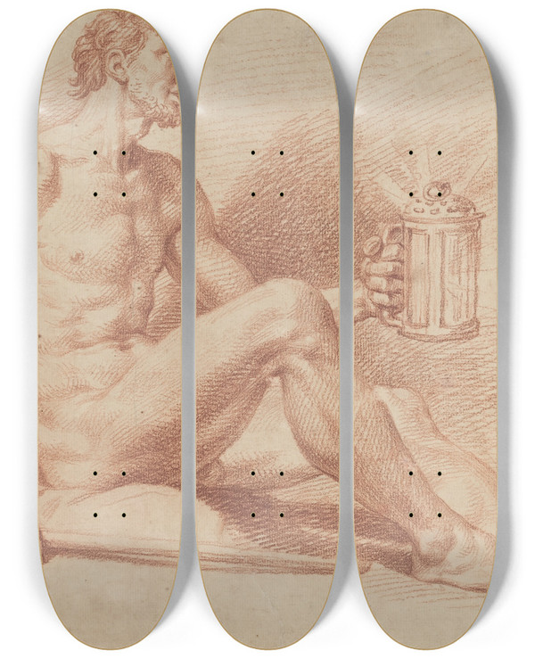 Triptych art skateboard deck of Bernard Picart Male Nude With A Lamp Diogenes by Bernard Picart (1673-1733)