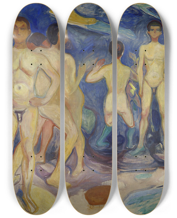 Triptych art skateboard deck of Edvard Munch Bathing Young Men by Edvard Munch (1863-1944)