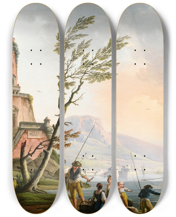 Triptych art skateboard deck of Charlesfranois Grenier De Lacroix Mediterranean Landscape by Charles Francois Grenier De Lacroix (1700-1782)