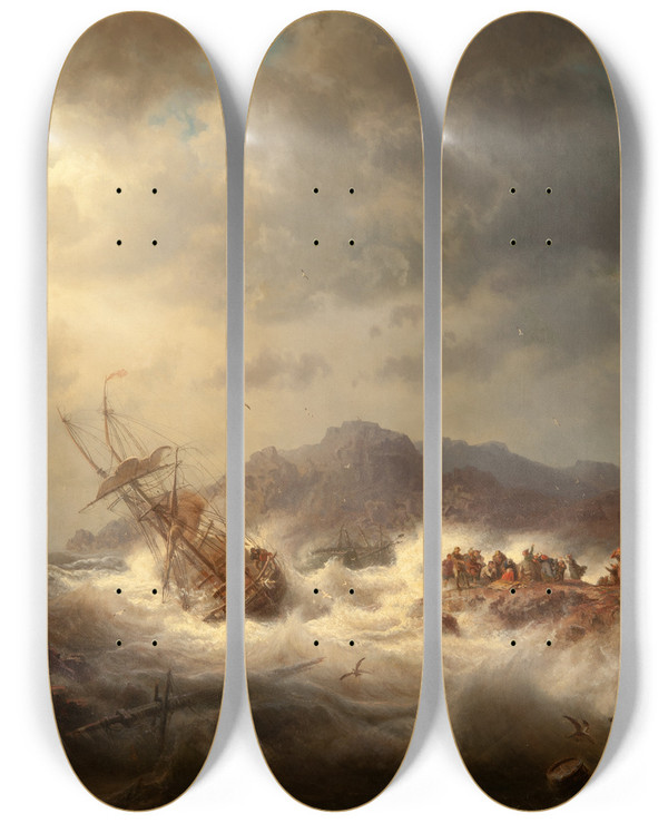 Triptych art skateboard deck of Marcus Larson Shipwreck by Marcus Larson (1825-1864)