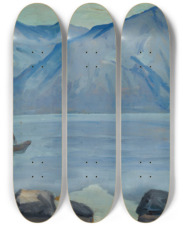 Triptych art skateboard deck of Ernst Schiess At The Beach Of The Lake Of Lugano by Ernst Schiess (1872-1919)