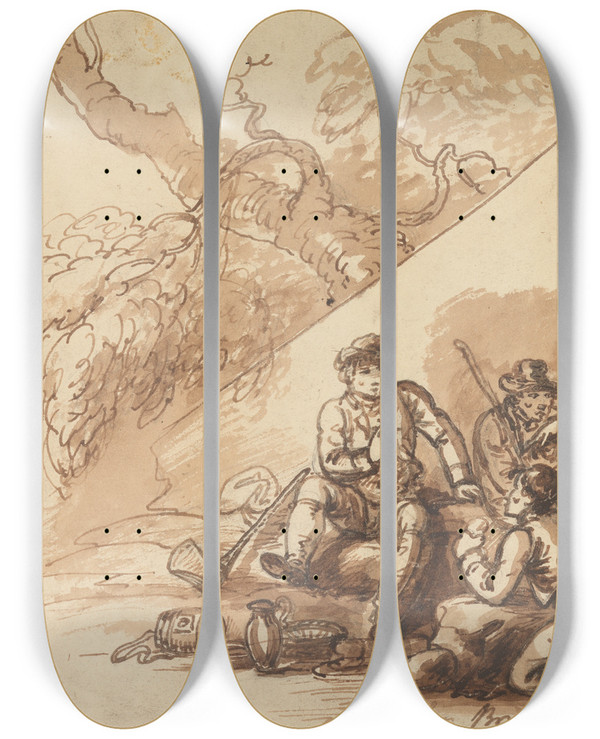 Triptych art skateboard deck of Mather Brown Workmen At Refreshment by Mather Brown (1761-1831)