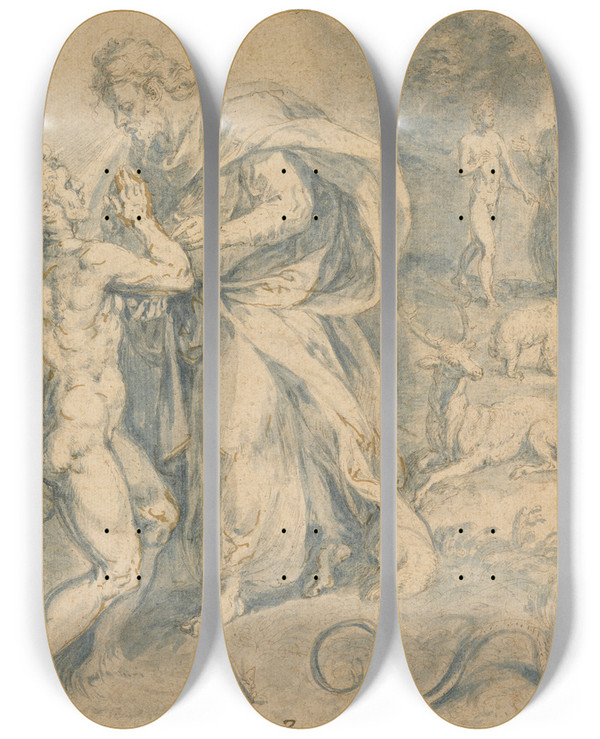 Triptych art skateboard deck of Crispijn Van Den Broeck Creation Of Adam by Crispijn Van Den Broeck (1523-1591)