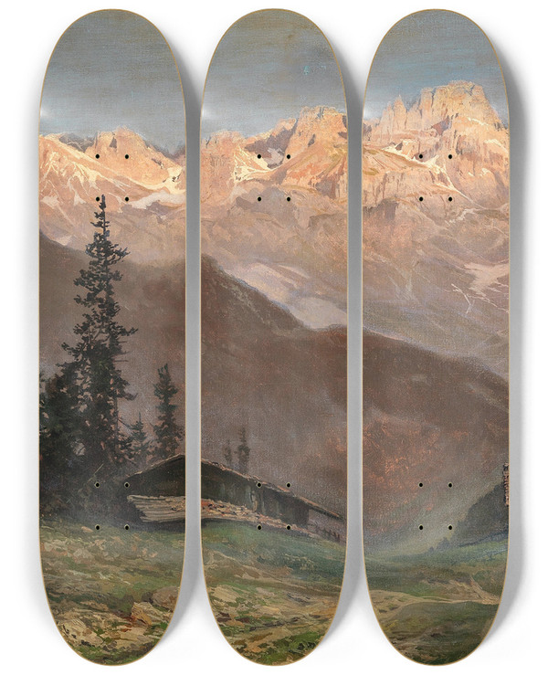 Triptych art skateboard deck of Toni Haller Abendrot Ber Den Dolomiten by Toni Haller (1907-1944)
