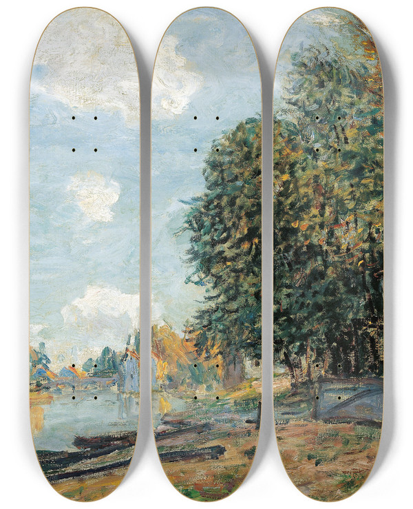 Triptych art skateboard deck of Alfred Sisley Moret The Banks Of The River Loing by Alfred Sisley (1840-1899)