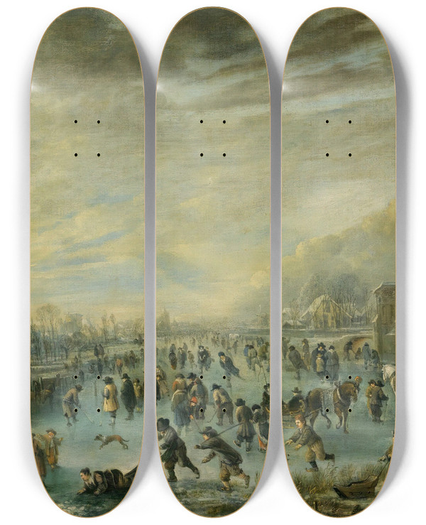Triptych art skateboard deck of Aert Van Der Neer Winter Landscape With Skaters by Aert van der Neer (1603-1677)