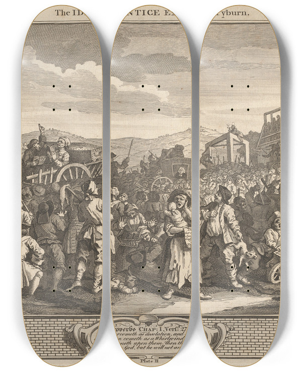 Triptych art skateboard deck of William Hogarth Plate 11 The Idle Prentice Executed At Tyburn by William Hogarth (1697-1764)