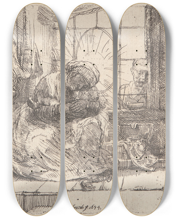 Triptych art skateboard deck of Rembrandt Van Rijn The Virgin And Child With The Cat And Snake by Rembrandt Van Rijn (1606-1669)