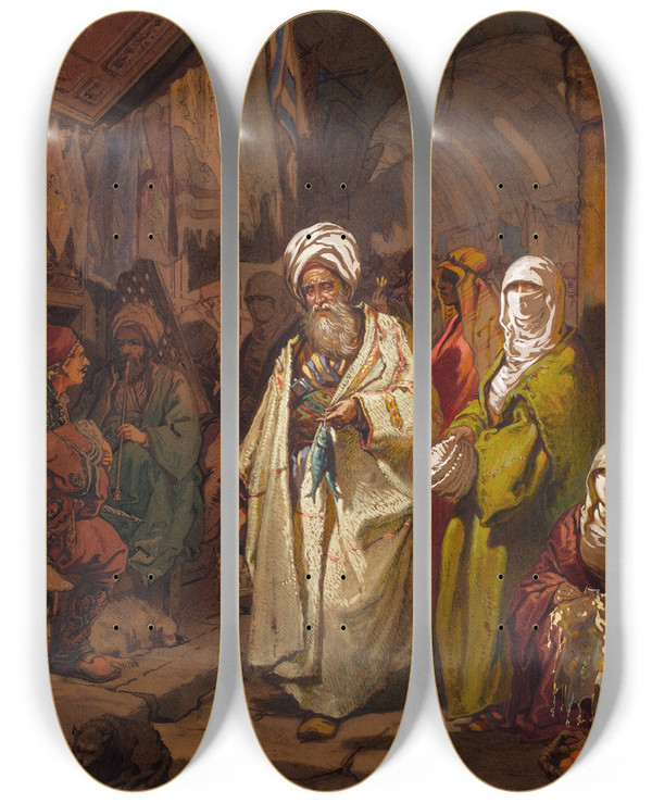 Triptych art skateboard deck of Amadeo Preziosi The Grand Bazaar by Amadeo Preziosi (1816-1882)