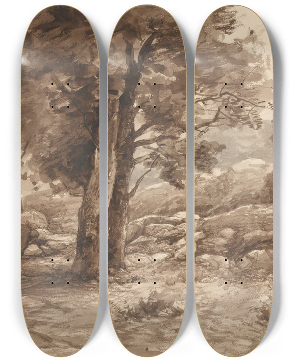 Triptych art skateboard deck of Johannes Gijsbert Vogel Rotsachtig Landschap Met Bomen by Johannes Gijsbert Vogel (1828-1915)