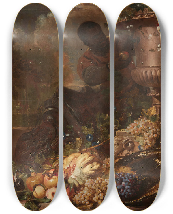 Triptych art skateboard deck of David De Coninck A Still Life Of Fruit On A Silver Dish With Figure Rabbits Parrot And Monkey Beneath A Broken Capital And An Ornamental Urn by David De Coninck (1644-1701)