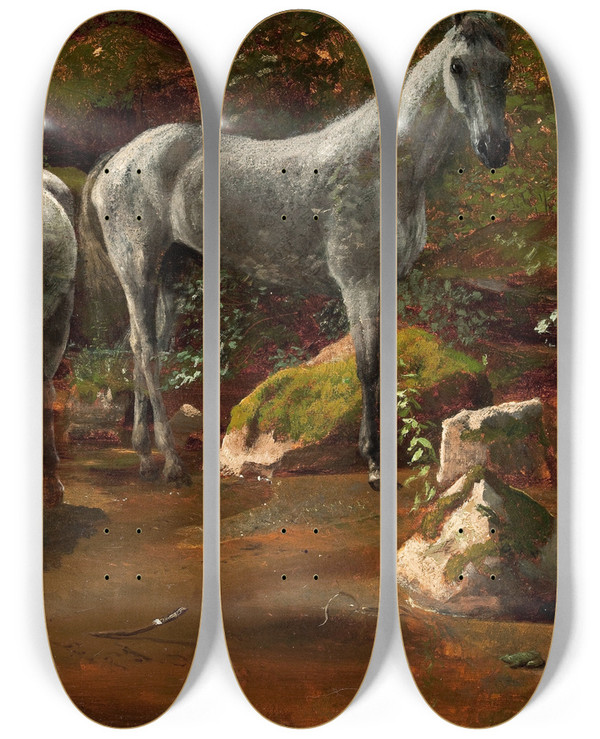 Triptych art skateboard deck of Albert Bierstadt Study Of Wild Horses by Albert Bierstadt (1830-1902)