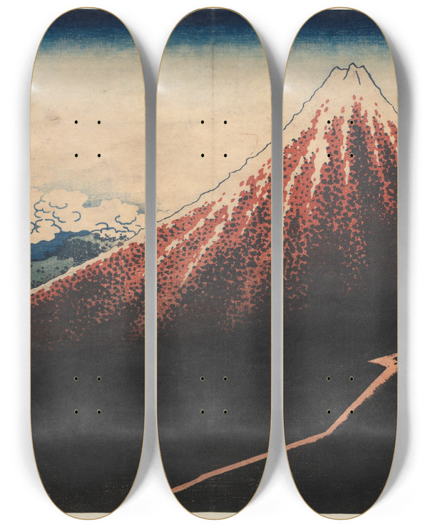 Triptych art skateboard deck of Katsushika Hokusai Rain Below The Mountain From The Series Thirtysix Views Of Mt Fuji by Katsushika Hokusai (1760-1849)