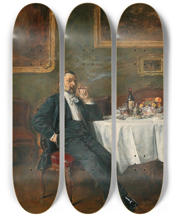 Triptych art skateboard deck of Carl Wilhelm Anton Seiler Cigars After Dinner by Carl Wilhelm Anton Seiler (1846-1921)