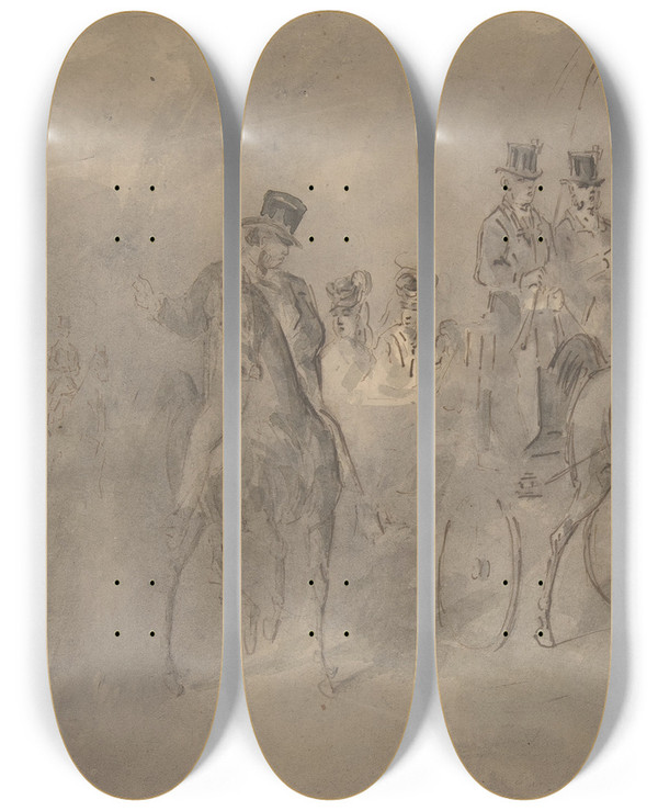 Triptych art skateboard deck of Constantin Guys Driving In The Bois De Boulogne by Constantin Guys (1805-1892)