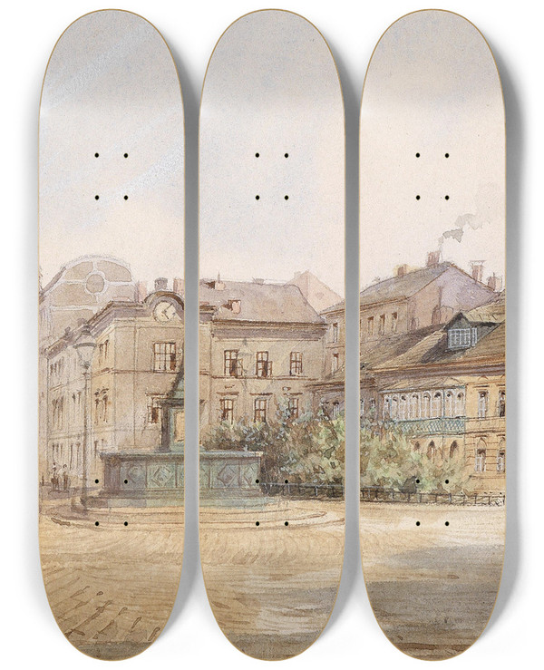 Triptych art skateboard deck of Karl Wenzel Zajicek Platz by Karl Wenzel Zajicek (1860-1923)