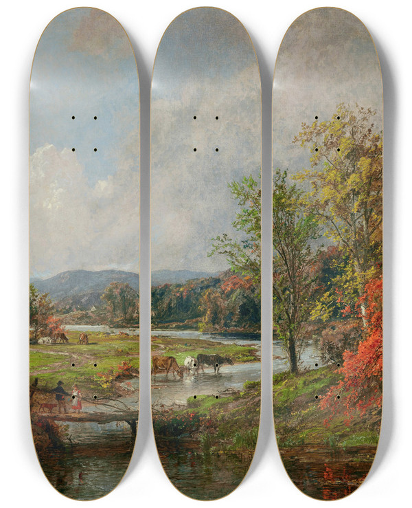 Triptych art skateboard deck of Jasper Francis Cropsey October by Jasper Francis Cropsey (1823-1900)