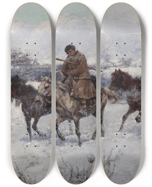 Triptych art skateboard deck of Jaroslav Vn The Return From The Market by Jaroslav Vesin (1860-1915)