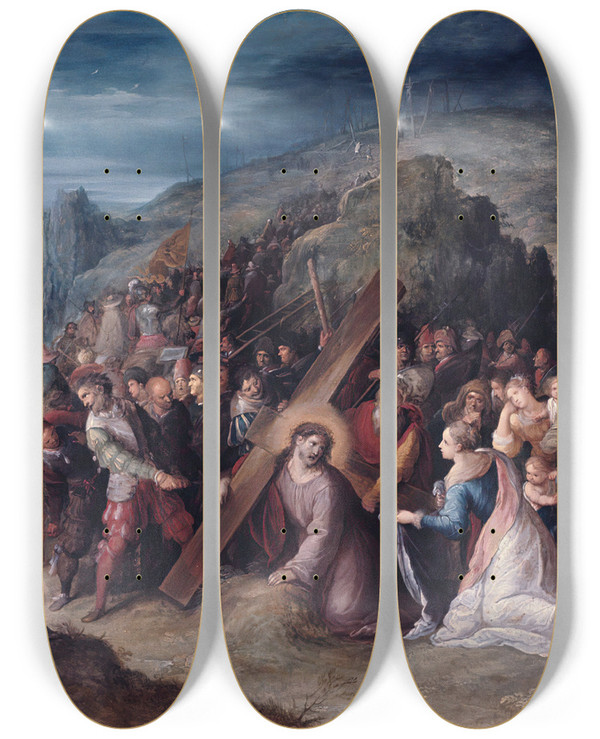 Triptych art skateboard deck of Frans Francken The Younger Road To Calvary by Frans Francken the Younger (1581-1642)