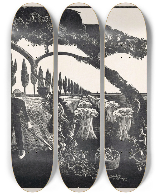 Triptych art skateboard deck of Bernard Essers Oogstende Man En Vrouw by Bernard Essers (1893-1945)