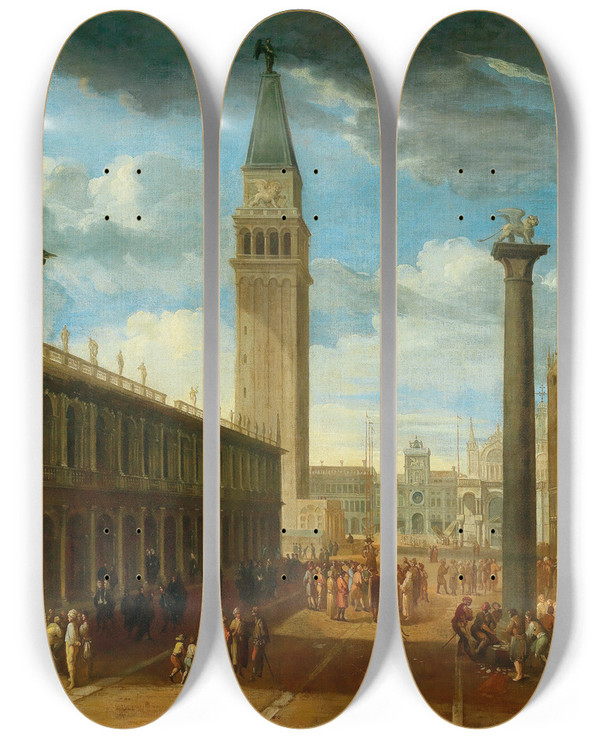 Triptych art skateboard deck of Luca Carlevarijs A View Of The Piazza San Marco Looking North From The Piazzetta Towards The Clock Tower Venice by Luca Carlevarijs (1663-1730)