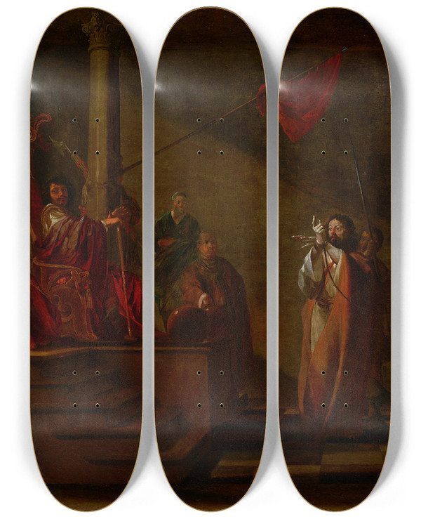 Triptych art skateboard deck of Nicolaus Knpfer St Paul Before The Praetor by Nicolaus Knupfer (1603-1655)