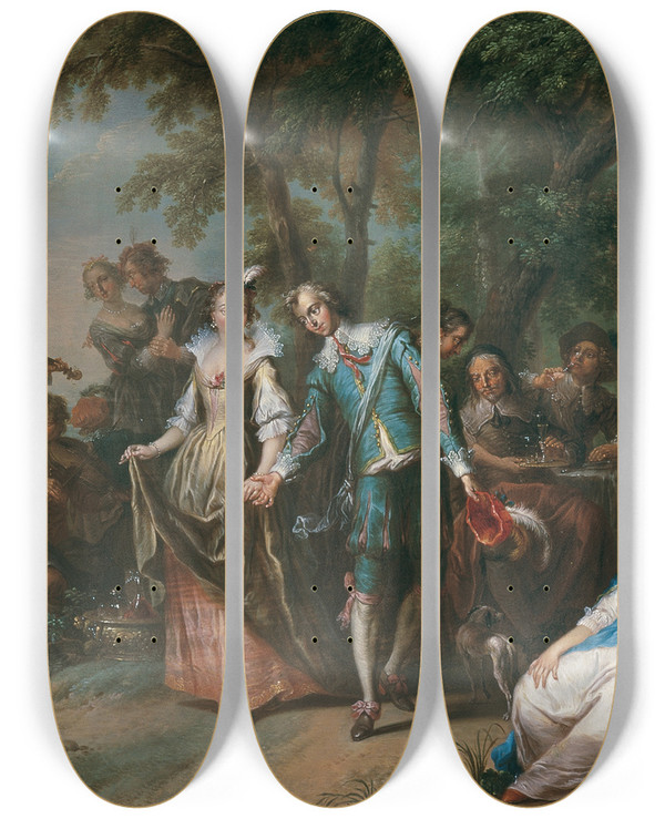 Triptych art skateboard deck of Franz Christoph Janneck Unterhaltung Im Freien Mit Tanz by Franz Christoph Janneck (1703-1761)