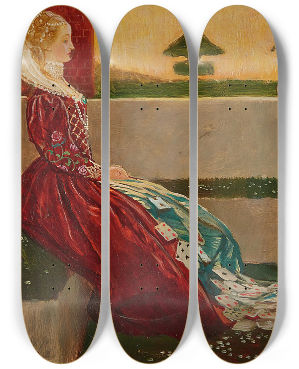 Triptych art skateboard deck of Byam Shaw Cupid And Campaspe by Byam Shaw (1872-1919)