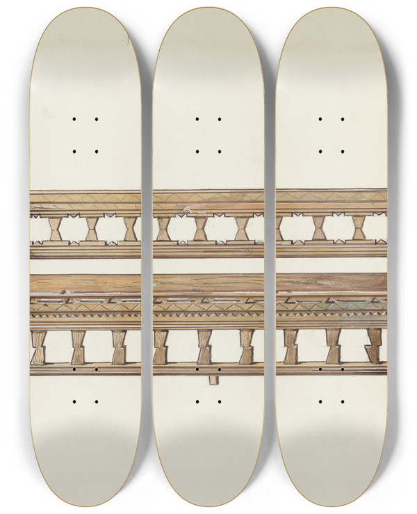 Triptych art skateboard deck of Dana Bartlett Wooden Bench by Dana Bartlett