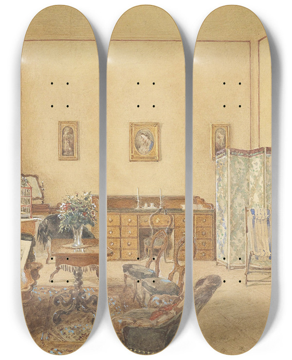 Triptych art skateboard deck of Franz Alt Interieur Mit Vogelkfig by Franz Alt (1821-1914)