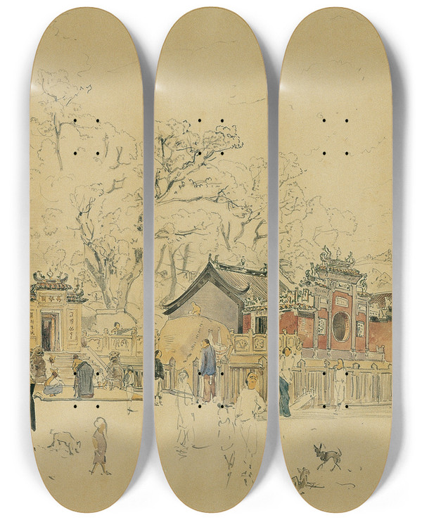 Triptych art skateboard deck of Joseph Selleny Der Tempelhain Makok Auf Der Halbinsel Macao by Joseph Selleny (1824-1875)