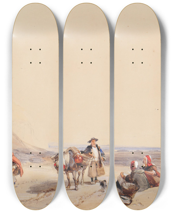 Triptych art skateboard deck of Richard Parkes Bonington Coast Scene With Figures by Richard Parkes Bonington (1802-1828)