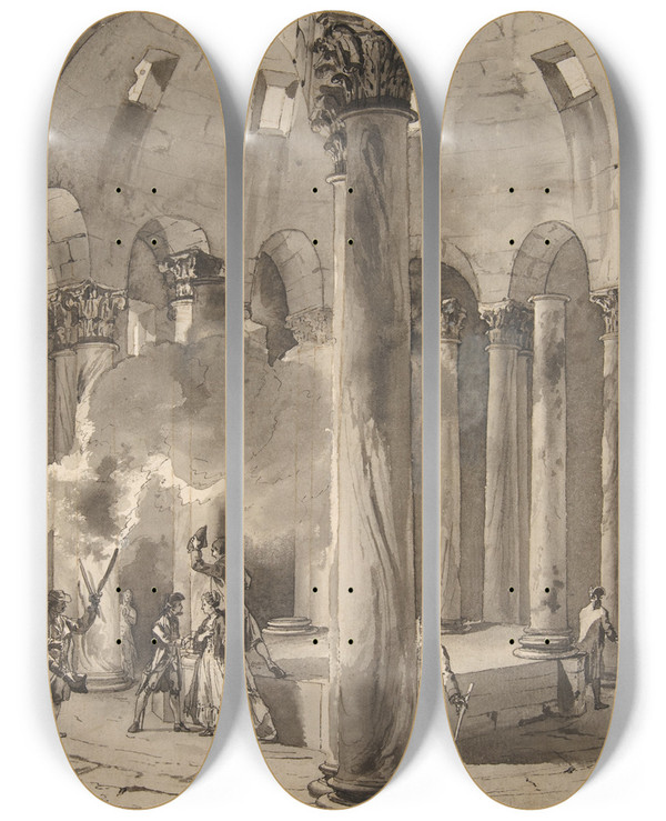 Triptych art skateboard deck of Jean Pierre Louis Laurent Hoel Visitors With Torches Inside A Circular Building by Jean Pierre Louis Laurent Houel (1735-1813)