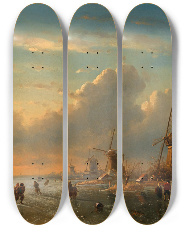 Triptych art skateboard deck of Charles Leickert A Winter Landscape At Sunset With Figures On The Ice by Charles Leickert (1816-1907)