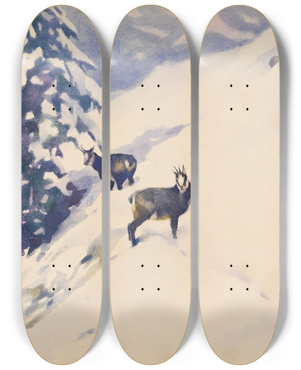 Triptych art skateboard deck of Ludwig Hohlwein Gemsen Im Schnee by Ludwig Hohlwein (1874-1949)