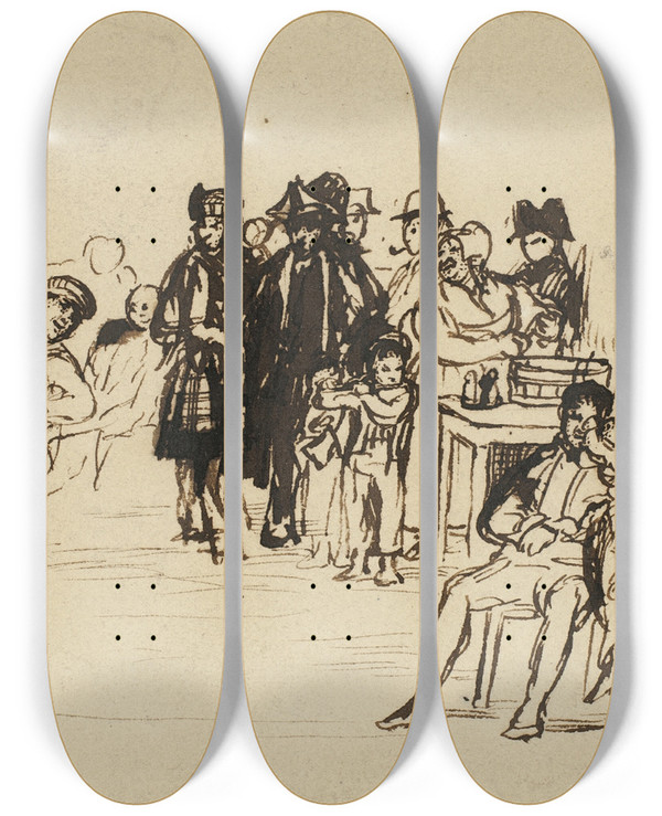 Triptych art skateboard deck of Sir David Wilkie Study For Right Group by Sir David Wilkie (1785-1841)