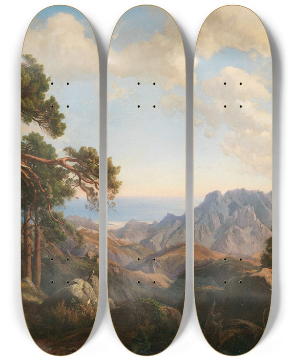 Triptych art skateboard deck of Carl Hummel Aussicht Vom Col Di Sorba Bei Vivario Mit Pinien Korsika by Carl Hummel (1821-1907)